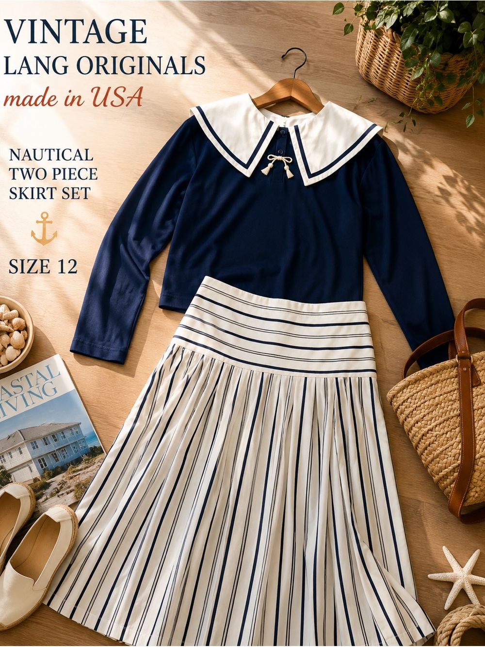 Vintage Lang Originals Navy Sailor Collar Top Stripe Midi Skirt Set USA Size 12